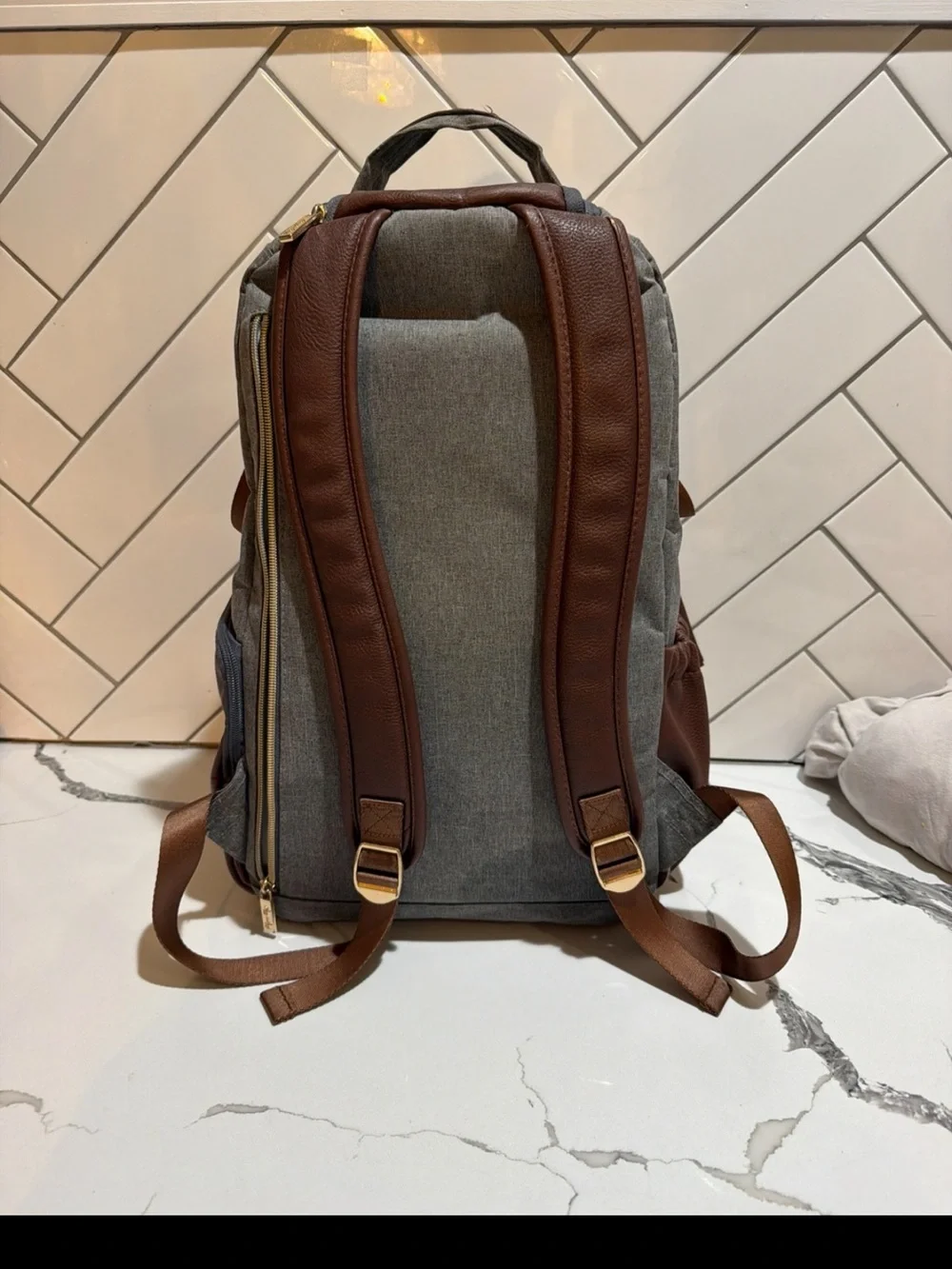 Itzy Ritzy Gray and Brown Men's Backpack with Leather Accents